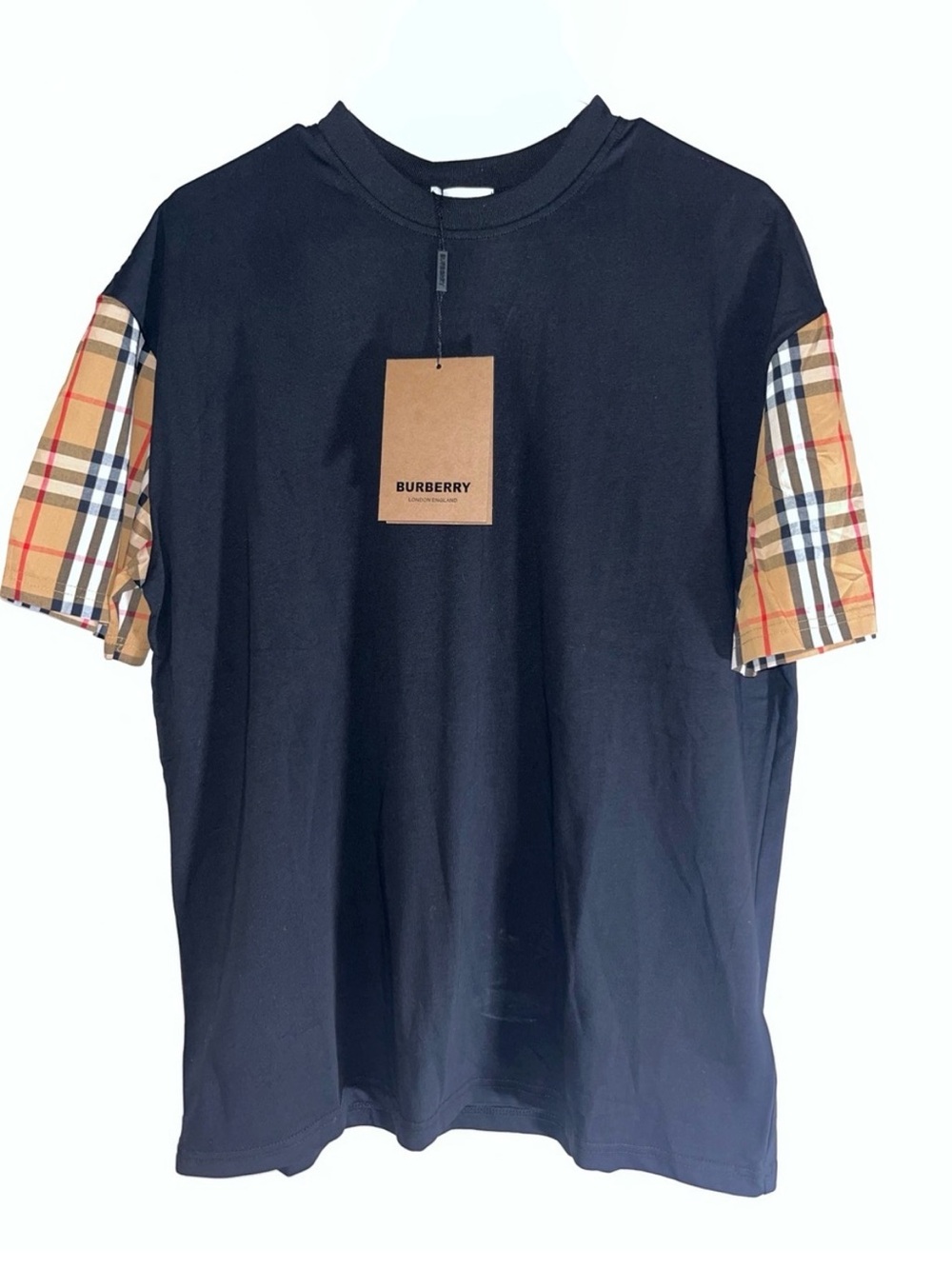 Burberry Black Tee with Classic Check Sleeve Accent